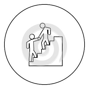 Man helping climb other man black icon outline in circle image