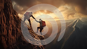 Man helping a friend climbing on top of high mountain