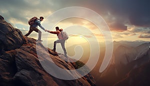 Man helping a friend climbing on top of high mountain