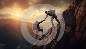 Man helping a friend climbing on top of high mountain