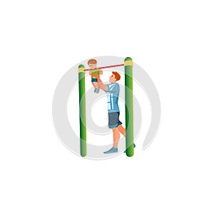 Man helping son to hang on crossbar vector illustration