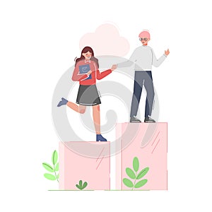 Man Helping Woman to Climb up on Column of Columns, Moving up Motivation, Teamleader Business Concept Cartoon Vector photo