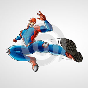 Man hero flying kick blue red drawing illustrator