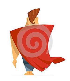 Man or hero with super red cloak cape. Back view.