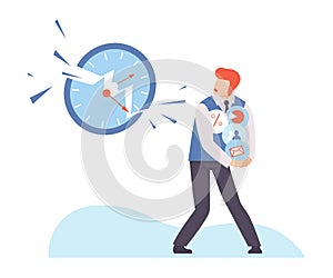 Man hides different icons from a huge clock. Vector illustration.