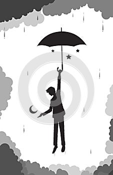 Man hides the moon and stars under his umbrella from the cluds and rain, young wizard, scene on heavens, black and white photo