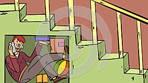 Man hides in storage room under the stairs. Illustration in doodle cartoon style