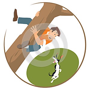 Man hiding from dog in tree. Illustration for internet and mobile website