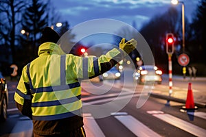 man in high visibility jacket directing traffic at crossing