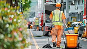 Man in highvisibility clothing walking with mop trash can on asphalt street