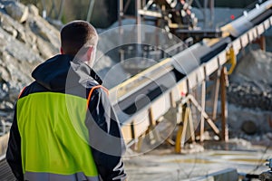 man in highvisibility jacket watching a quarry conveyor belt in operation