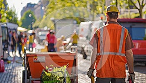 Man in highvisibility vest and hard hat walking along street