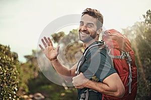 Man, hike and hi with smile for adventure with backpack for fitness, workout and hobby in New Zealand. Portrait, happy