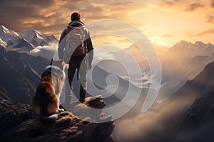 Man hiker with dog standing on mountain top. Generative AI