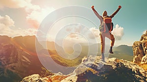 man hiker jumping on the edge of mountain cliff, person standing on rock, motivation and achievment concept