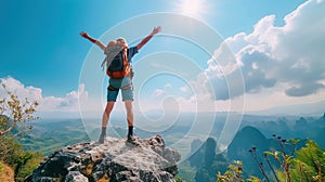 man hiker jumping on the edge of mountain cliff, person standing on rock, motivation and achievment concept