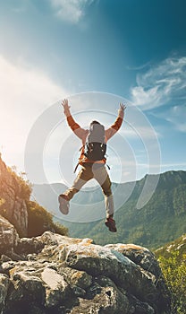 man hiker jumping on the edge of mountain cliff, person standing on rock, motivation and achievment concept