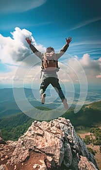 man hiker jumping on the edge of mountain cliff, person standing on rock, motivation and achievment concept
