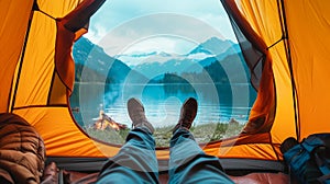 Man hiker lying in an open orange tenet on a lake shore watching burning fire mountains. Adventure wanderlust nature getaway