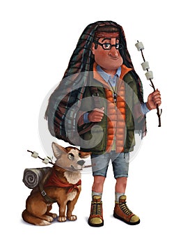 Man hiker traveler with backpack, blanket and dog. Funny cartoon character.
