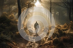 Man hiker walking into the bright rays of light in a misty forest to meet the sun, adventure seeking, generated ai