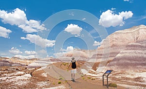 Man hiking alone in the desert mountains.