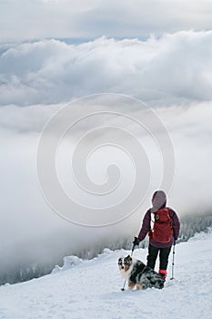 Man hiking with dog in beautiful winter forest in mountain