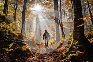 Man Hiking in the Morning Deciduous Forest