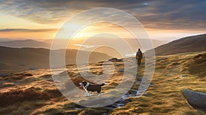 Man hiking on mountain as the sun rises with dog