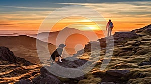 Man hiking on mountain as the sun rises with dog