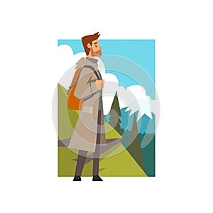 Man Hiking in Mountains with Backpack, Outdoor Activity, Travel, Camping, Backpacking Trip or Expedition Vector