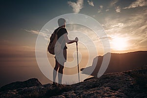 Man hiking at sunset mountains with heavy backpack