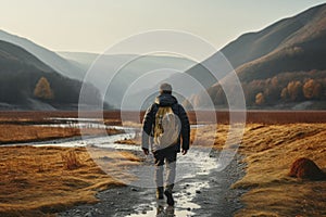 Man hiking at sunset mountains with heavy backpack Travel Lifestyle wanderlust adventure concept summer vacations outdoor alone