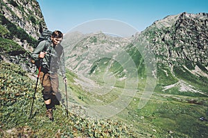 Man hiking trail at mountains with backpack landscape Travel Lifestyle wanderlust adventure