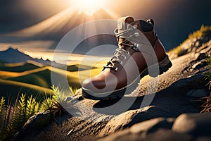 Man hiking up mountain trail close-up of leather hiking boot