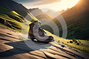 Man hiking up mountain trail close-up of leather hiking boot