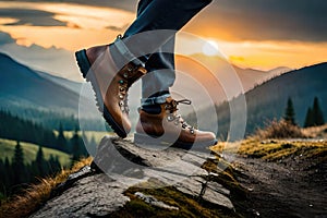 Man hiking up mountain trail close-up of leather hiking boot