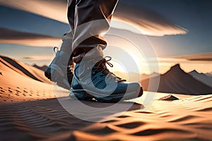 Man hiking up mountain trail close-up of leather hiking boot