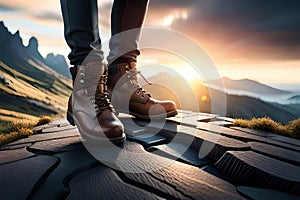 Man hiking up mountain trail close-up of leather hiking boot