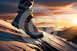 Man hiking up mountain trail close-up of leather hiking boot