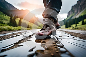 Man hiking up mountain trail close-up of leather hiking boot