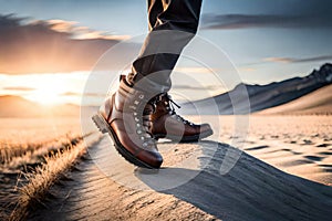 Man hiking up mountain trail close-up of leather hiking boot