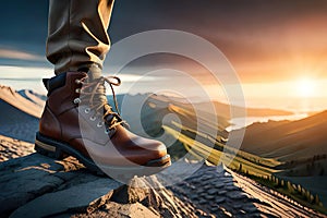 Man hiking up mountain trail close-up of leather hiking boot