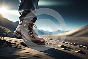 Man hiking up mountain trail close-up of leather hiking boot