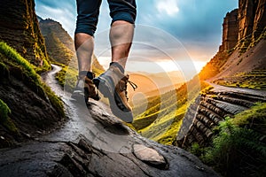 Man hiking up mountain trail close-up of leather hiking boot