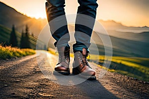 Man hiking up mountain trail close-up of leather hiking boot