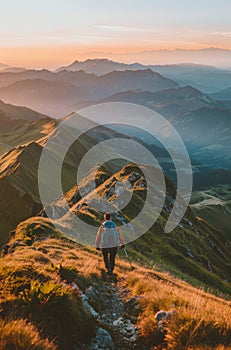 Man Hiking up Mountain Trail at Sunset