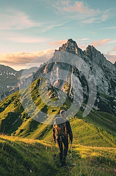 Man Hiking up Mountain Trail at Sunset