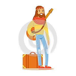 Man Hippie Dressed In Classic Woodstock Sixties Hippy Subculture Clothes Traveling With Guitar And Suitcase