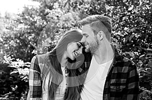 Man hipster and pretty woman in love. Summer vacation. Fall in love. Pure feelings. Romantic date concept. Beautiful